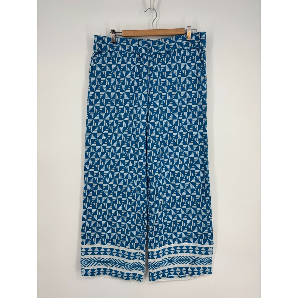 Soft Surroundings Pants L Blue Wide Leg Narah Palazzo Pull On Geometric Hemmed